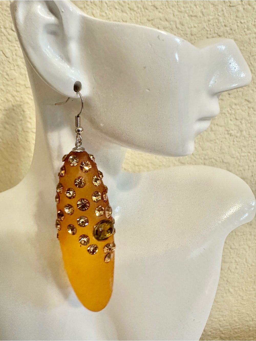 4” Stunning Vintage Genuine Tangerine Lucite & Crystal Earrings-Moderate Weight